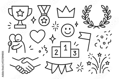 Champion's Moment Icons. Hand-drawn doodle illustration Champion's Moment [trophy, medal, crown, laurel wreath, star, sparkle, ribbon, podium, flag, confetti,
