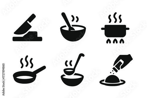 Cooking Process Icons. Solid, filled icon set of cooking processes: chopping, stirring, simmering, boiling pot, frying pan, ladling soup, seasoning, plating.