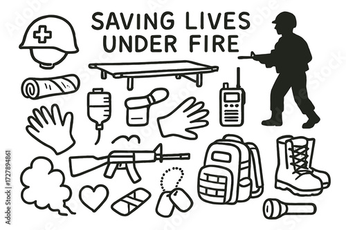 Rescue Icons Doodle. Hand-drawn doodle illustration saving lives under fire medic helmet, stretcher, soldier silhouette, bandage, IV drip, radio, gloves,