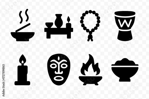 Ethnic Ritual Symbols. Solid, filled icon set of ethnic rituals and ceremonies: incense, altar, prayer beads, ceremonial drum, candle, ritual mask, sacred