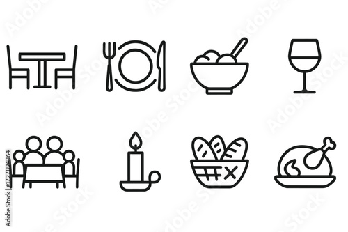 Family Dinner Icons. Outline icon set of family dinner: dining table, plate with fork and knife, serving bowl, wine glass, family members sitting, candle,