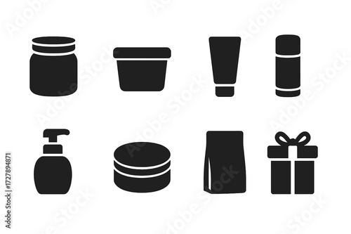Cocoa Butter Icons. Solid, filled icon set of cocoa butter packaging: glass jar, plastic tub, squeeze tube, stick balm, pump bottle, metal tin, sealed pouch,