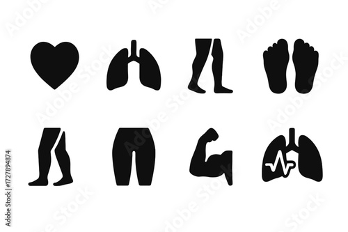 Cardio Body Icons. Solid, filled icon set of cardio body parts: heart, lungs, legs, feet, calves, thighs, arms, lungs with heartbeat. [Line icons in only black