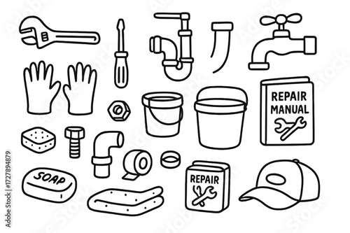 DIY Sink Repair Kit. Hand-drawn doodle illustration DIY sink trap repair wrench, screwdriver, P-trap pipe, faucet, gloves, bucket, repair manual, nut, bolt,