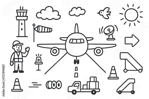 Airport Doodle Scene. Hand-drawn doodle illustration runway scene airplane wheels, runway lines, control tower, wind sock, clouds, light signals, airplane