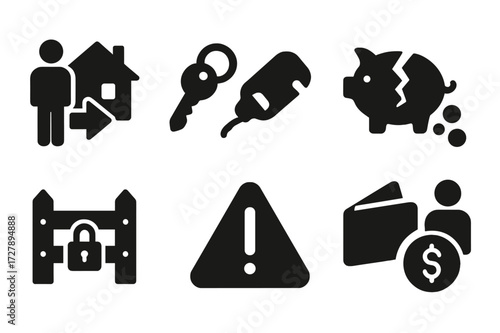 Foreclosure Icon Set. Solid, filled icon set of foreclosure consequences: eviction, lost keys, broken piggy bank, empty wallet, closed gate, warning sign,