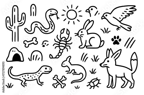 Desert Wildlife Doodle. Hand-drawn doodle illustration desert predators and prey snake, scorpion, lizard, rabbit, hawk, fox, cactus, bones, paw print, claw