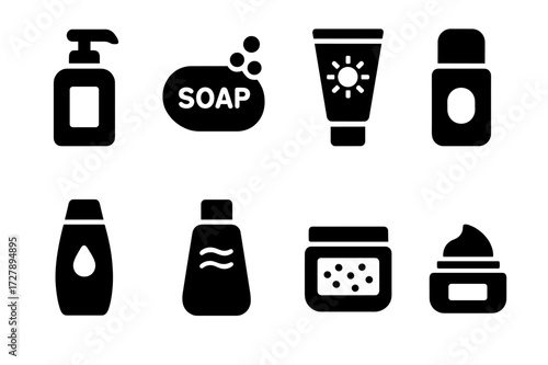 Body Care Icons. Solid, filled icon set of body care products: lotion, soap, sunscreen, deodorant, shampoo, conditioner, body scrub, moisturizer. Solid, filled