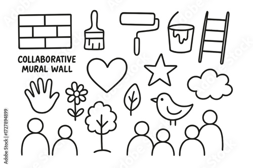 Collaborative Mural Doodle Icons. Hand-drawn doodle illustration Collaborative mural wall, paintbrush, roller brush, paint bucket, ladder, handprint, heart,