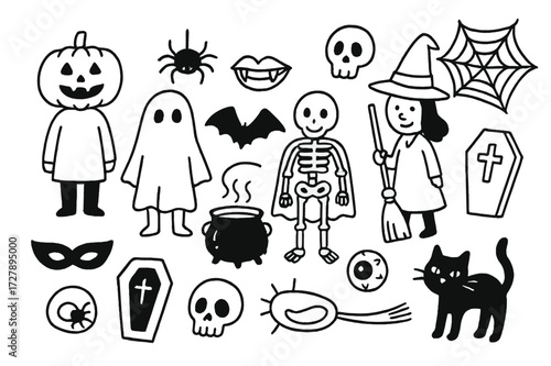 Halloween Icons Doodle. Hand-drawn doodle illustration Halloween costumed guests [pumpkin head, ghost sheet, bat wings, witch hat, broomstick,