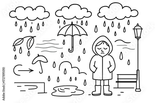 Rainy Street Doodle. Hand-drawn doodle illustration [rainy mood concept] [clouds, falling rain, umbrella, closed eyes face, hooded figure, hands in pocket,