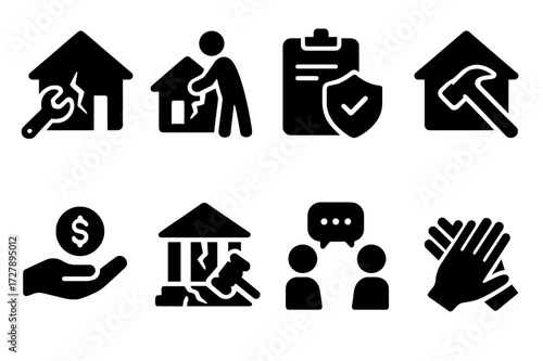 Collapse Recovery Icons. Solid, filled icon set of collapse recovery: repair, rescue, insurance claim, rebuilding, financial aid, legal action, counseling,