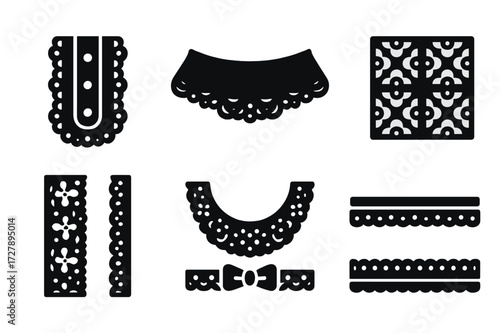 Lace Garment Icon Set. Solid, filled icon set of lace garment details: lace buttonhole, lace ruffle, lace pleat, lace overlay, lace panel, lace yoke, lace