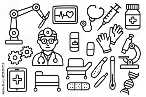 Surgical Robot Doodle. Hand-drawn doodle illustration robotic surgery robot arm, scalpel, heart monitor, stethoscope, syringe, pill bottle, doctor, gears,