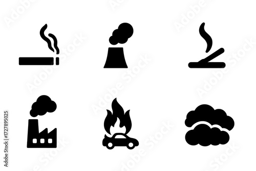 Smoke Icon Grid. Solid, filled icon set of smoke types: cigarette smoke, chimney smoke, fire smoke, incense smoke, factory smoke, wildfire smoke, car exhaust,
