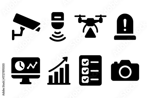 Collapse Monitoring Icons. Solid, filled icon set of collapse monitoring: CCTV, sensors, drone, alert system, data dashboard, graph, checklist, camera. [Solid,