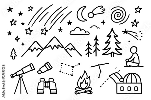 Cosmic Doodle Nightscape. Hand-drawn doodle illustration meteor shower over mountains stars, meteors, moon, mountain silhouette, tree, comet, galaxy swirl,