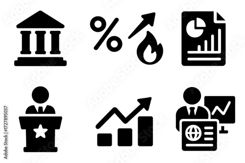 Exchange Rate Influencers Icons. Solid, filled icon set of exchange rate influencers: central bank, interest rate, inflation, economic report, political event,