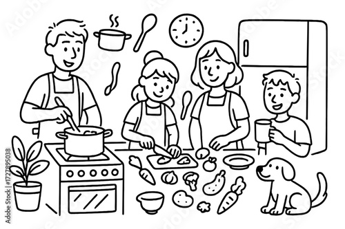 Family Cooking Doodle. Hand-drawn doodle illustration [Family cooking together] [stove, pot, pan, spoon, cutting board, vegetables, family members, apron,