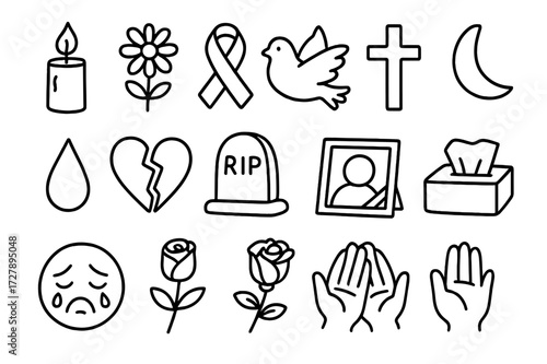 Remembrance Symbols Icons. Hand-drawn doodle illustration remembrance candle, flower, ribbon, dove, cross, star, moon, tear, broken heart, tombstone, photo