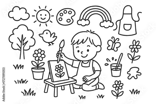 Kids Painting Outdoors. Hand-drawn doodle illustration outdoor painting activity kids child with brush, flower pot, paint palette, paint splatter, grass,