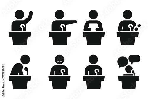 Speaker Icon Set. Solid, filled icon set of speaker actions at podium: raising hand, pointing, holding paper, using remote, leaning forward, smiling, serious