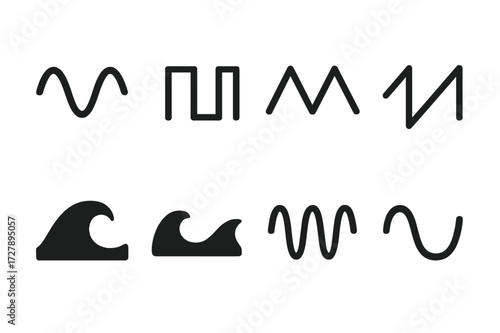 Wave Pattern Icons. Solid, filled icon set of waves in communication: wifi hotspot, bluetooth, signal bars, radio tower, satellite signal, phone signal,
