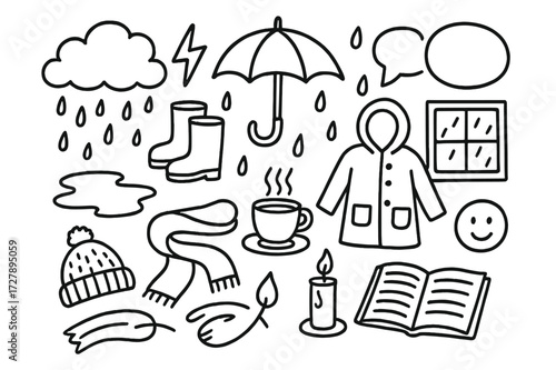 Rainy Day Doodles. Hand-drawn doodle illustration rainy day umbrella, raindrops, cloud, boots, raincoat, puddle, window, cup of tea, book, candle, scarf, hat,
