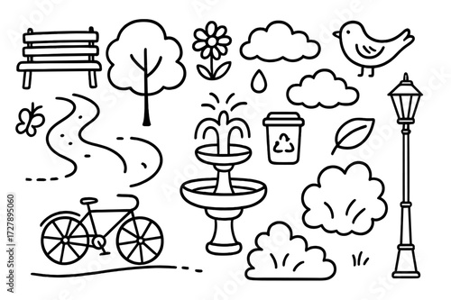 Urban Park Doodle. Hand-drawn doodle illustration Urban parks and nature park bench, tree, flower, butterfly, bird, walking path, bicycle, fountain, leaf, sun,