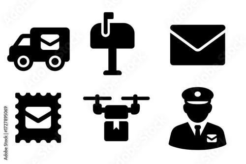 Mail Service Icons. Solid, filled icon set of mail services: mail truck, mailbox, parcel, envelope, postage stamp, delivery drone, postal worker, sorting