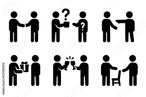 Host-Guest Icon Set. Solid, filled icon set of host and guest interactions: handshake, offering drink, answering question, pointing direction, giving gift,