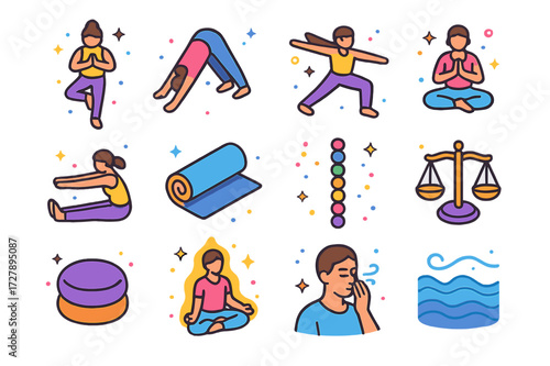 Isometric Yoga Icons. Yoga. Colorful isometric vector icons set of Yoga: tree pose, downward dog, warrior pose, lotus pose, stretching figure, yoga mat,