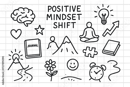 Positive Mindset Symbols. Hand-drawn doodle illustration Positive mindset shift brain, lightbulb, upward arrow, meditation pose, journal, heart, star, puzzle