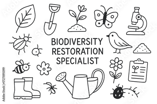 Biodiversity Restoration Doodles. Hand-drawn doodle illustration [Biodiversity restoration specialist] [leaf, shovel, tree sapling, microscope, butterfly,