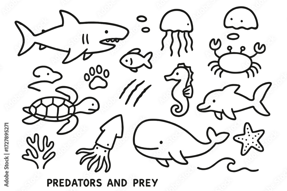 Fototapeta premium Ocean Life Doodles. Hand-drawn doodle illustration ocean predators and prey shark, fish, jellyfish, crab, seahorse, turtle, squid, whale, dolphin, paw print,