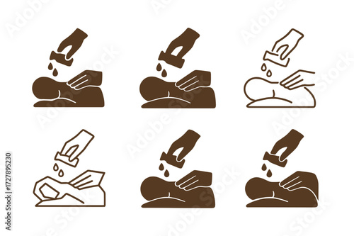 Massage Therapy Logos. Massage therapists giving relaxing treatments. Set Logo of massage therapists giving relaxing treatments: Hands applying essential oils