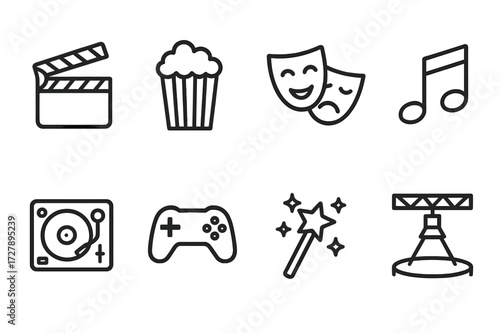 Entertainment Icons Grid. Outline icon set of excitement in entertainment: movie clapper, popcorn, theater mask, music note, DJ turntable, game controller,