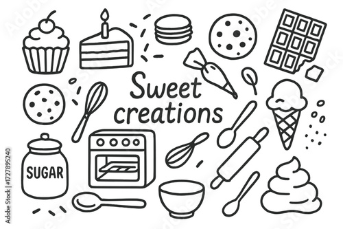 Sweet Treats Icons. Hand-drawn doodle illustration Sweet creations, cupcake, cake slice, macaron, cookie, chocolate bar, ice cream, piping bag, whisk, rolling