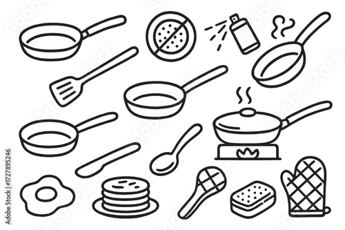 Non-Stick Cookware Doodles. Hand-drawn doodle illustration [Non-stick cookware] [frying pan, non-stick coating icon, pan handle, oil spray, spatula, ceramic
