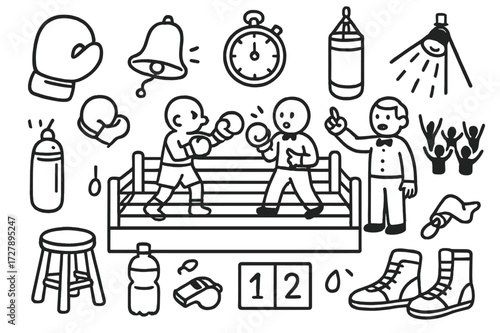 Boxing Match Doodles. Hand-drawn doodle illustration Boxing Match [boxing ring, gloves, referee, bell, stopwatch, punching bag, spotlight, cheering crowd,