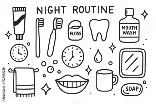 Night Dental Routine. Hand-drawn doodle illustration Night routine toothpaste tube, toothbrush, floss, mouthwash, tooth, lips, smile, bubbles, water droplet,