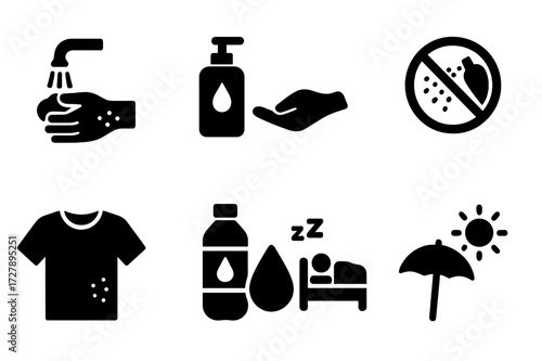 Rash Care Icons. Solid, filled icon set of rash care: gentle washing, moisturizing, avoiding irritants, cool compress, loose clothing, hydration, rest, sun
