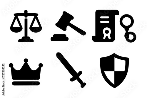 Medieval Justice Icons. Solid, filled icon set of medieval law and order: scales of justice, gavel, scroll, wax seal, prisoner shackles, crown, sword, shield.