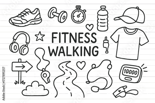 Fitness Doodle Icons. Hand-drawn doodle illustration fitness walking walking shoes, dumbbell, stopwatch, water bottle, cap, headphones, t-shirt, path, star,