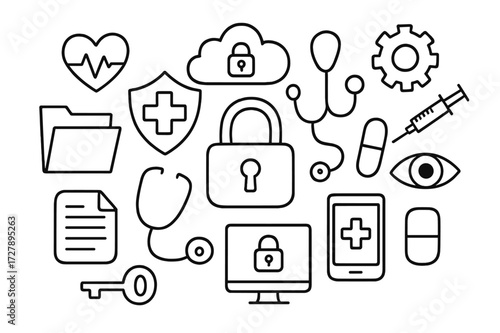Healthcare Data Security Icons. Hand-drawn doodle illustration healthcare data privacy lock, shield, medical cross, stethoscope, folder, document, cloud, key,