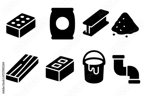 Construction Materials Icons. Solid, filled icon set of construction materials: brick, cement bag, steel beam, wooden plank, gravel pile, concrete block, paint