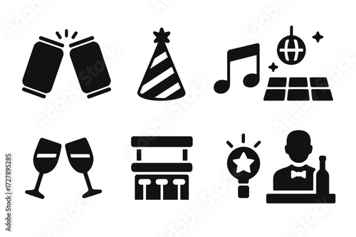 Party Icon Set. Solid, filled icon set of can party and events: clinking cans, party hat, music note, dance floor, celebration toast, bar counter, neon light,
