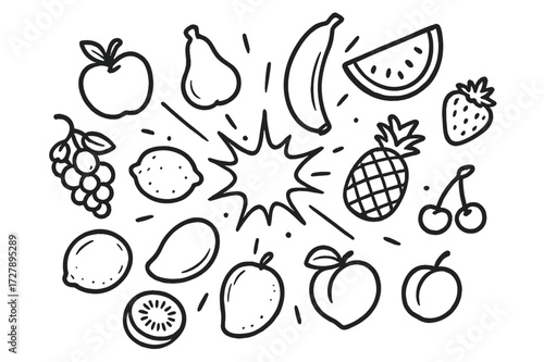 Fruits Mid-Air Collision. Hand-drawn doodle illustration objects colliding in mid-air Apple, Orange, Banana, Pear, Watermelon slice, Strawberry, Grapes, Lemon,