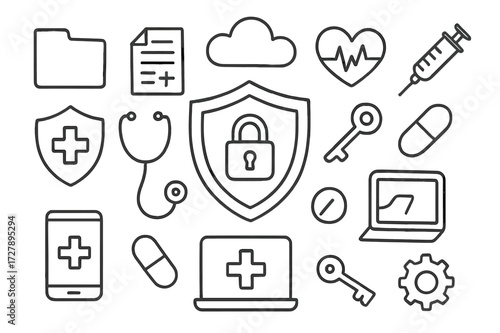 Healthcare Data Security Icons. Hand-drawn doodle illustration healthcare data privacy lock, shield, medical cross, stethoscope, folder, document, cloud, key,