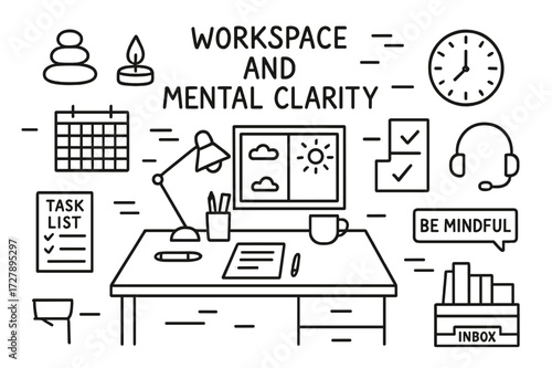 Workspace Clarity Doodle. Hand-drawn doodle illustration [workspace and mental clarity] [clean desk, task list, calendar, lamp, open window, pen cup, zen